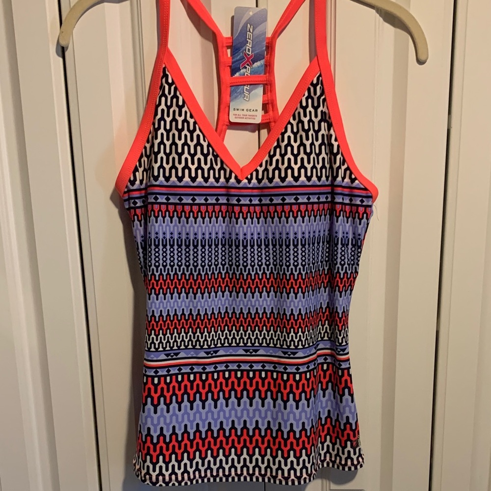 ZeroXposur Blue, Black, White & Coral Trim Racerback Swim Camisole